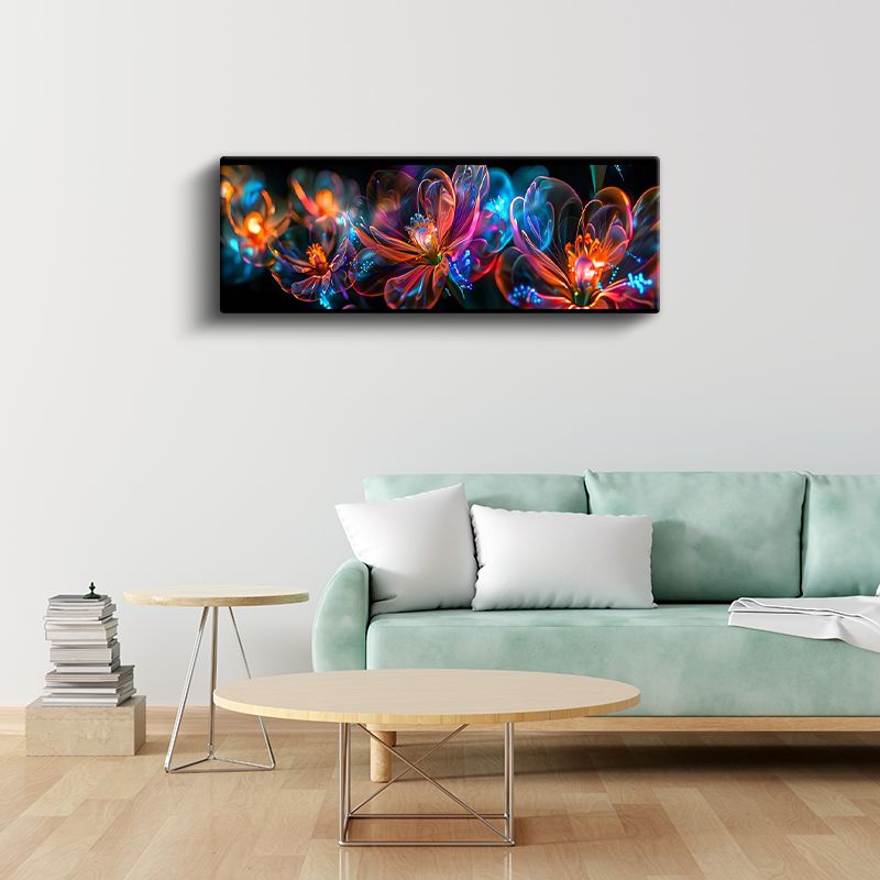 Neon Çiçekler - Siyah Zeminde Çok Renkli Dijital Sanat Kompozisyonu Kanvas Tablo