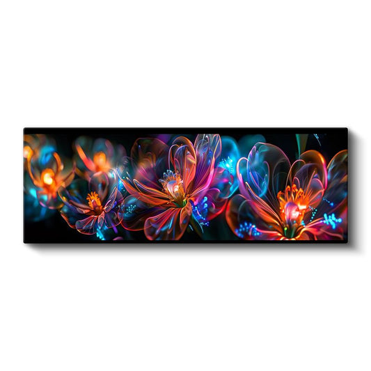 Neon Çiçekler - Siyah Zeminde Çok Renkli Dijital Sanat Kompozisyonu Kanvas Tablo