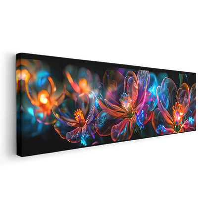 Neon Çiçekler - Siyah Zeminde Çok Renkli Dijital Sanat Kompozisyonu Kanvas Tablo