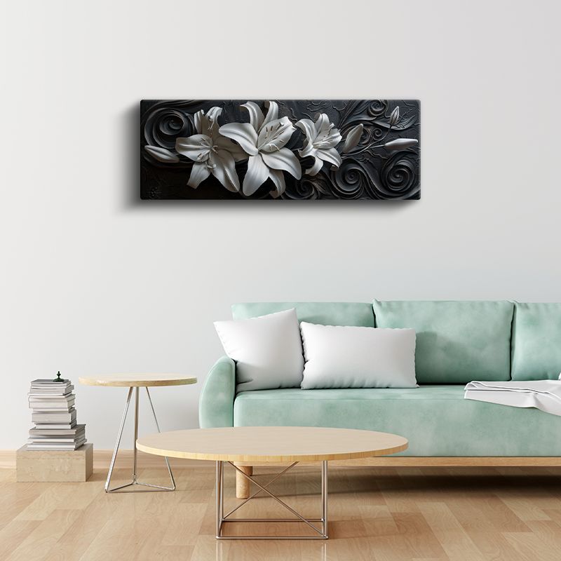 Beyaz Zambaklar - Siyah Zeminde 3D Kabartma Görünümlü Zarif Tasarım Kanvas Tablo