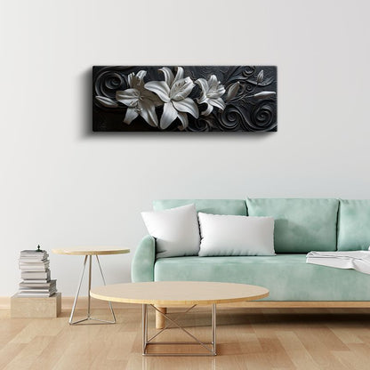 Beyaz Zambaklar - Siyah Zeminde 3D Kabartma Görünümlü Zarif Tasarım Kanvas Tablo