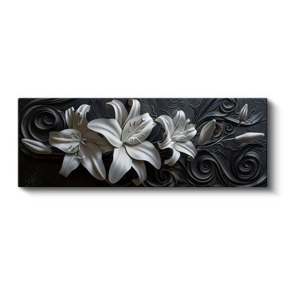 Beyaz Zambaklar - Siyah Zeminde 3D Kabartma Görünümlü Zarif Tasarım Kanvas Tablo