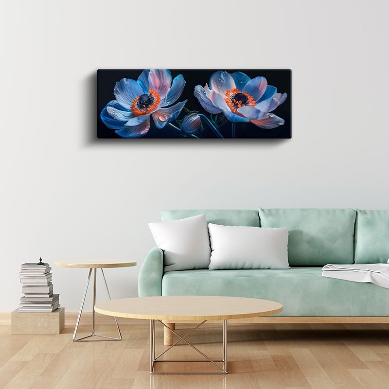 Mavi Anemonlar - Siyah Zeminde Turuncu Merkezli Çiçek Fotoğrafı Kanvas Tablo