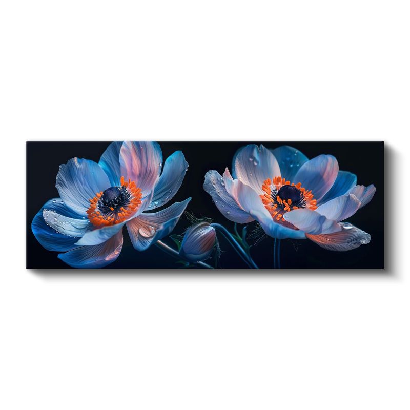 Mavi Anemonlar - Siyah Zeminde Turuncu Merkezli Çiçek Fotoğrafı Kanvas Tablo