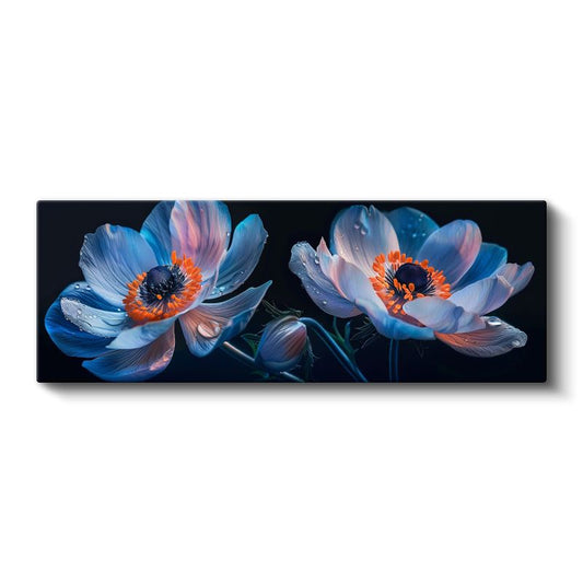 Mavi Anemonlar - Siyah Zeminde Turuncu Merkezli Çiçek Fotoğrafı Kanvas Tablo