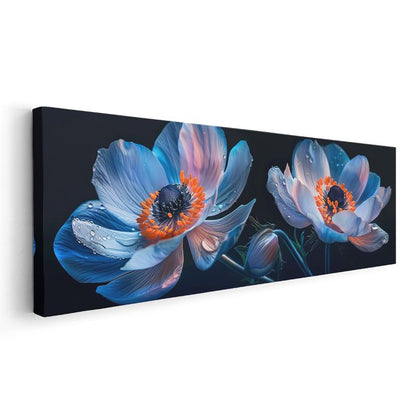 Mavi Anemonlar - Siyah Zeminde Turuncu Merkezli Çiçek Fotoğrafı Kanvas Tablo
