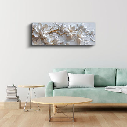 Beyaz Manolyalar - Altın Detaylı 3D Kabartma Görünümlü Zarif Tasarım Kanvas Tablo