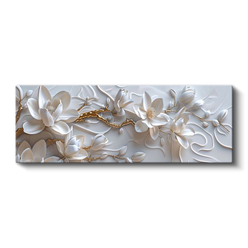 Beyaz Manolyalar - Altın Detaylı 3D Kabartma Görünümlü Zarif Tasarım Kanvas Tablo
