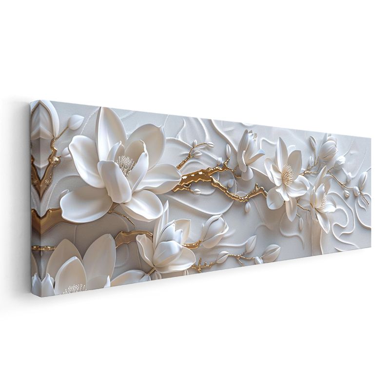 Beyaz Manolyalar - Altın Detaylı 3D Kabartma Görünümlü Zarif Tasarım Kanvas Tablo