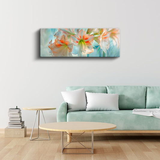 Zarif Zambaklar - Pastel Mavi Arka Planlı Turuncu Detaylı Çiçek Serisi Kanvas Tablo