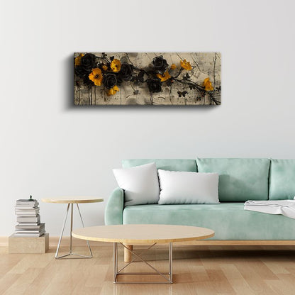 Müzikal Çiçekler - Sarı ve Siyah Güller Nota Detaylı Kompozisyon Kanvas Tablo