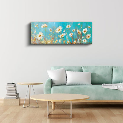 Papatya Tarlası - Mavi Gökyüzü Altında Altın Detaylı Beyaz Çiçekler Kanvas Tablo