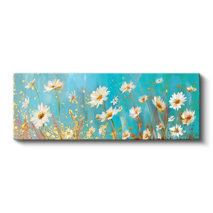Papatya Tarlası - Mavi Gökyüzü Altında Altın Detaylı Beyaz Çiçekler Kanvas Tablo
