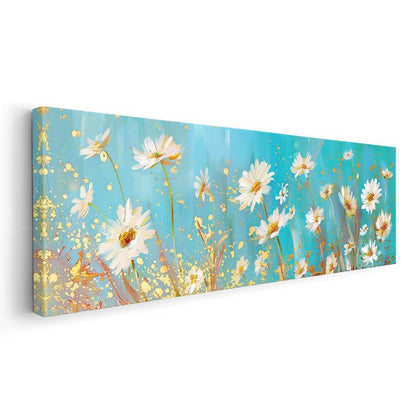 Papatya Tarlası - Mavi Gökyüzü Altında Altın Detaylı Beyaz Çiçekler Kanvas Tablo