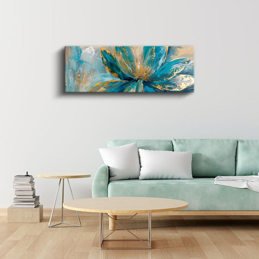 Turkuaz Çiçek - Altın Detaylı Yağlı Boya Tarzı Modern Tasarım Kanvas Tablo