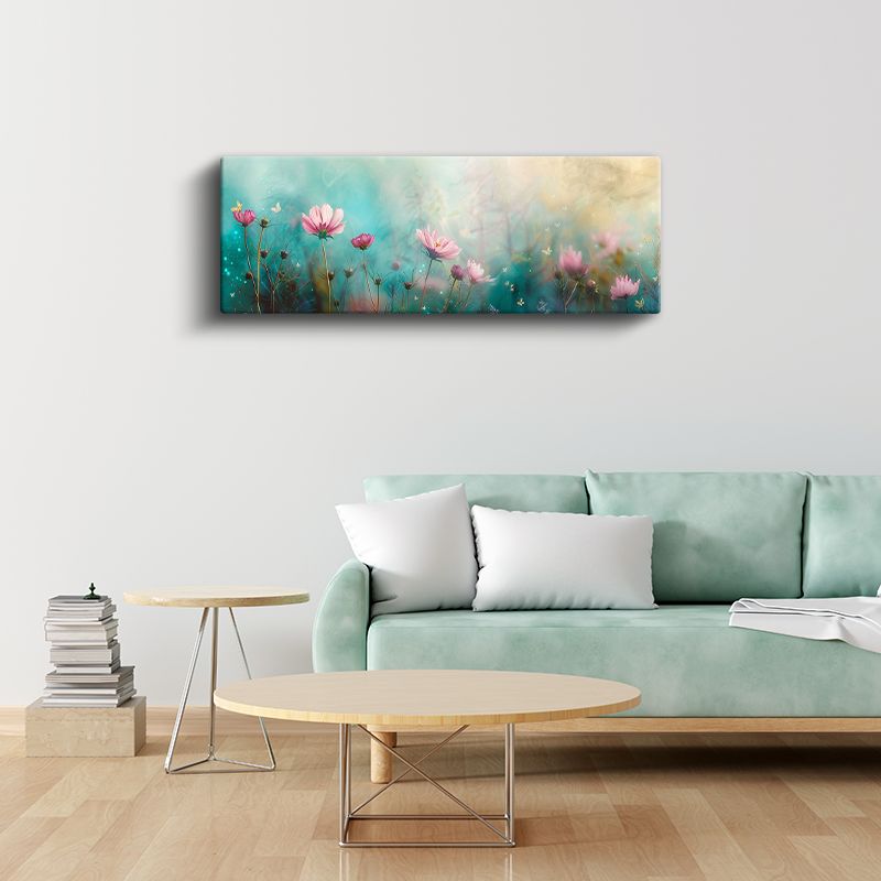 Pembe Papatyalar - Turkuaz Arka Planlı Kelebek Detaylı Kompozisyon Kanvas Tablo