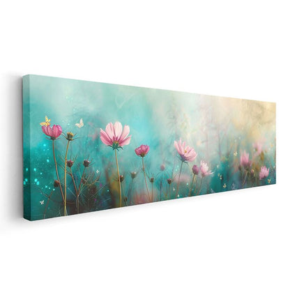 Pembe Papatyalar - Turkuaz Arka Planlı Kelebek Detaylı Kompozisyon Kanvas Tablo