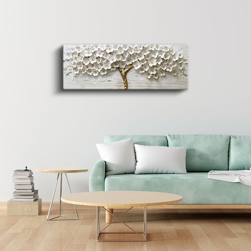 Beyaz Çiçekli Ağaç - Altın Gövdeli 3D Kabartma Görünümlü Tekniği Zarif Tasarım Kanvas Tablo