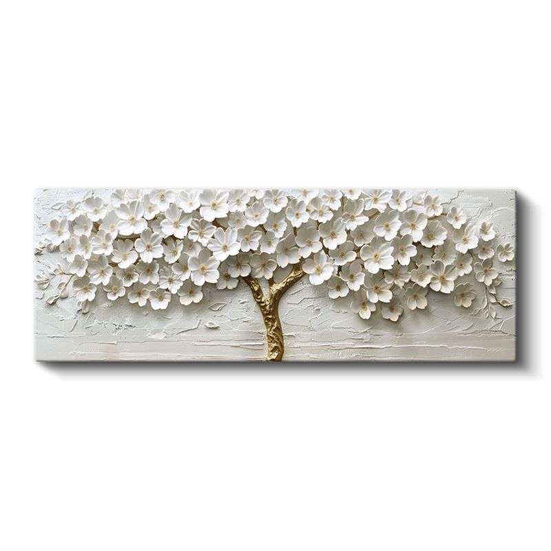 Beyaz Çiçekli Ağaç - Altın Gövdeli 3D Kabartma Görünümlü Tekniği Zarif Tasarım Kanvas Tablo