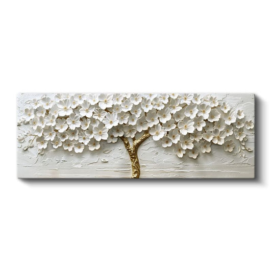 Beyaz Çiçekli Ağaç - Altın Gövdeli 3D Kabartma Görünümlü Tekniği Zarif Tasarım Kanvas Tablo