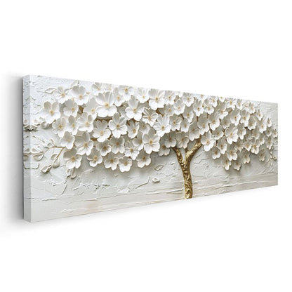 Beyaz Çiçekli Ağaç - Altın Gövdeli 3D Kabartma Görünümlü Tekniği Zarif Tasarım Kanvas Tablo