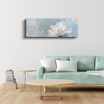 Beyaz Çiçek - Mavi Arka Planlı Altın Detaylı Yağlı Boya Tarzı Kanvas Tablo