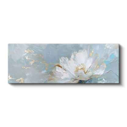 Beyaz Çiçek - Mavi Arka Planlı Altın Detaylı Yağlı Boya Tarzı Kanvas Tablo
