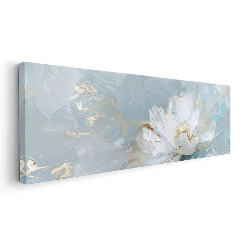 Beyaz Çiçek - Mavi Arka Planlı Altın Detaylı Yağlı Boya Tarzı Kanvas Tablo