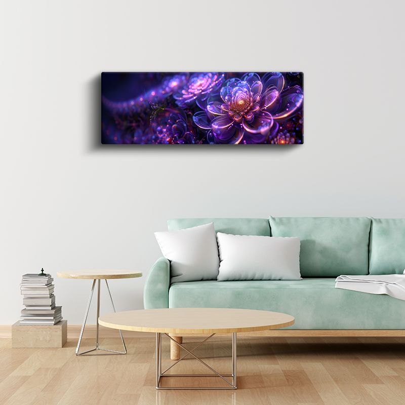 Fantastik Çiçekler - Mor Zeminde Işıltılı Dijital Sanat Tasarımı Kanvas Tablo