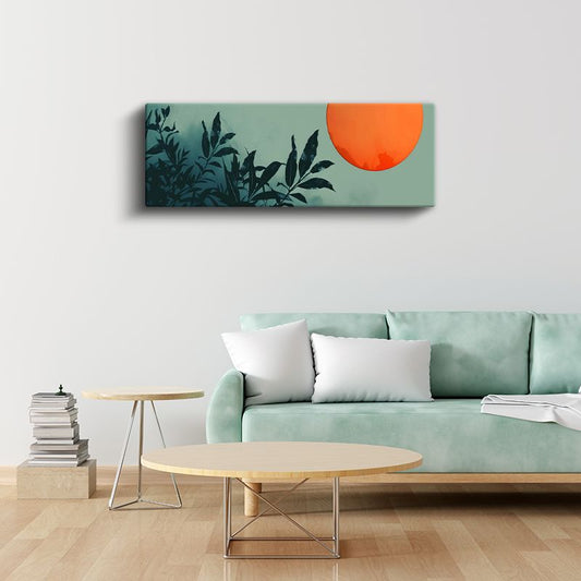 Tropikal Yapraklar - Turuncu Güneş Manzaralı Minimalist Tasarım Kanvas Tablo