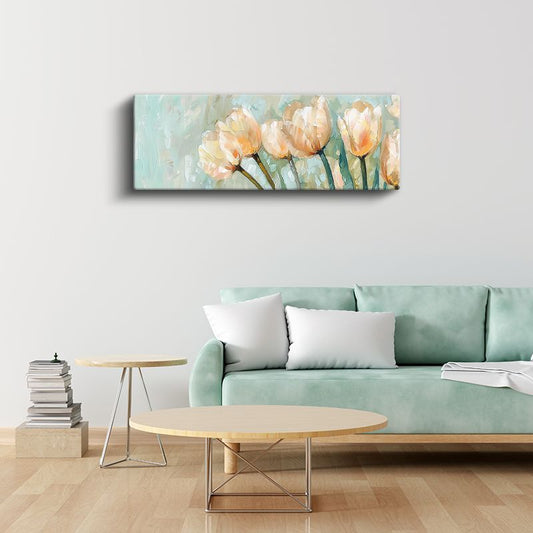 Şeftali Laleler - Pastel Mavi Arka Planlı Yağlı Boya Tarzı Çiçek Serisi Kanvas Tablo