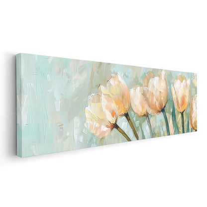 Şeftali Laleler - Pastel Mavi Arka Planlı Yağlı Boya Tarzı Çiçek Serisi Kanvas Tablo