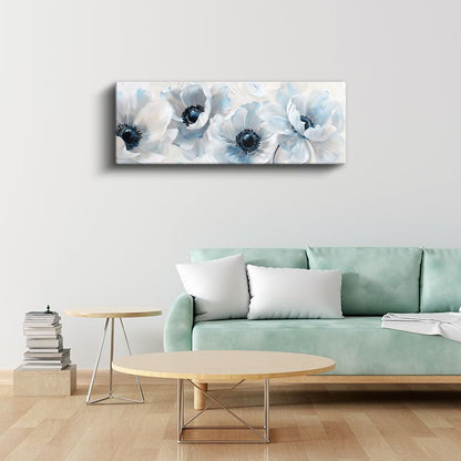 Mavi Anemonlar - Siyah Merkezli Beyaz Zeminde Yağlı Boya Tarzı Kanvas Tablo