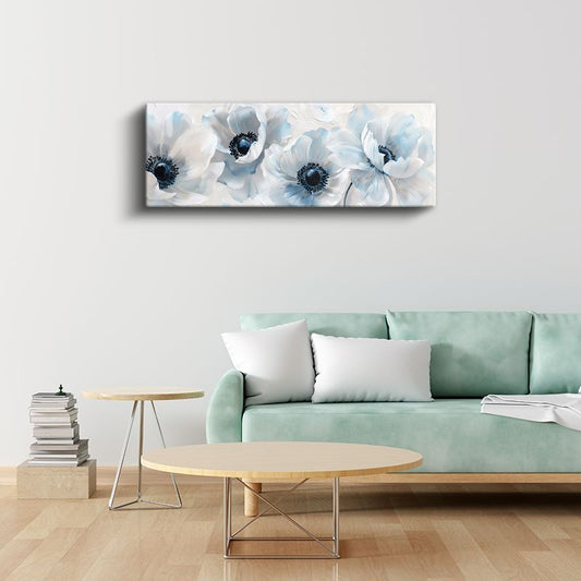 Mavi Anemonlar - Siyah Merkezli Beyaz Zeminde Yağlı Boya Tarzı Kanvas Tablo