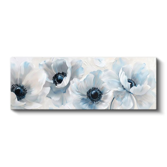 Mavi Anemonlar - Siyah Merkezli Beyaz Zeminde Yağlı Boya Tarzı Kanvas Tablo