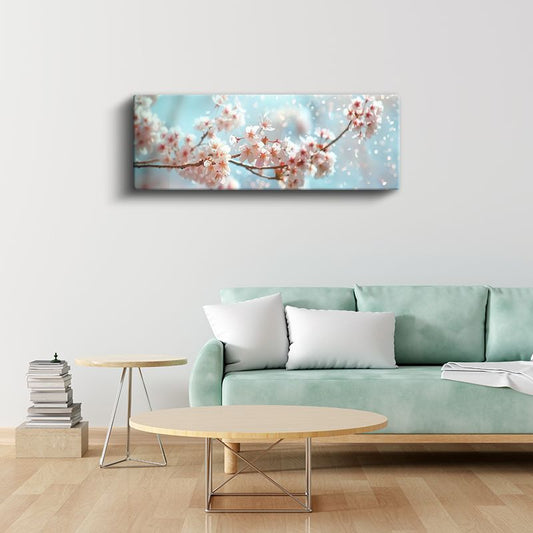 Kiraz Çiçekleri - Mavi Gökyüzü Altında Işık Efektli Bahar Dalları Kanvas Tablo
