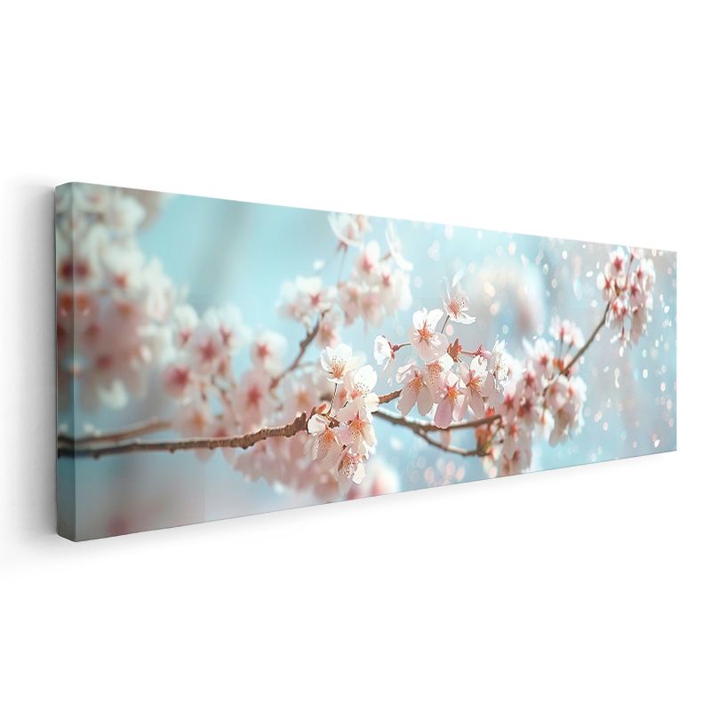 Kiraz Çiçekleri - Mavi Gökyüzü Altında Işık Efektli Bahar Dalları Kanvas Tablo