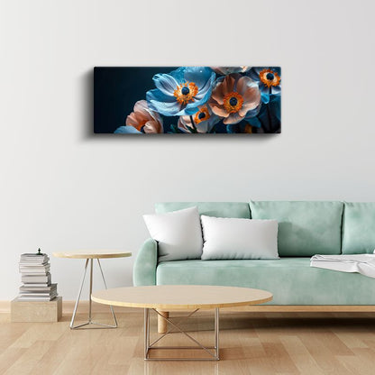 Mavi Anemonlar - Turuncu Merkezli Siyah Zeminde Çiçek Fotoğrafı Kanvas Tablo