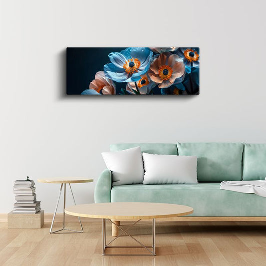 Mavi Anemonlar - Turuncu Merkezli Siyah Zeminde Çiçek Fotoğrafı Kanvas Tablo