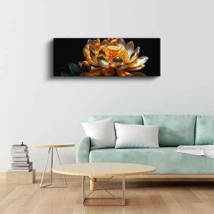 Altın Lotus - Siyah Zeminde Lüks Çiçek Tasarımı Kanvas Tablo