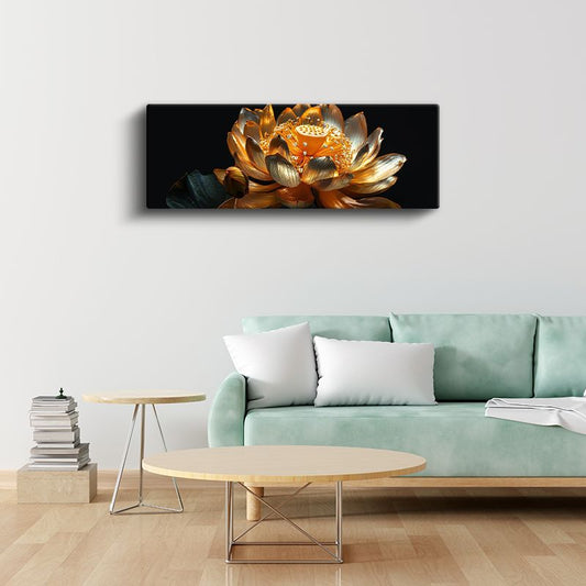 Altın Lotus - Siyah Zeminde Lüks Çiçek Tasarımı Kanvas Tablo