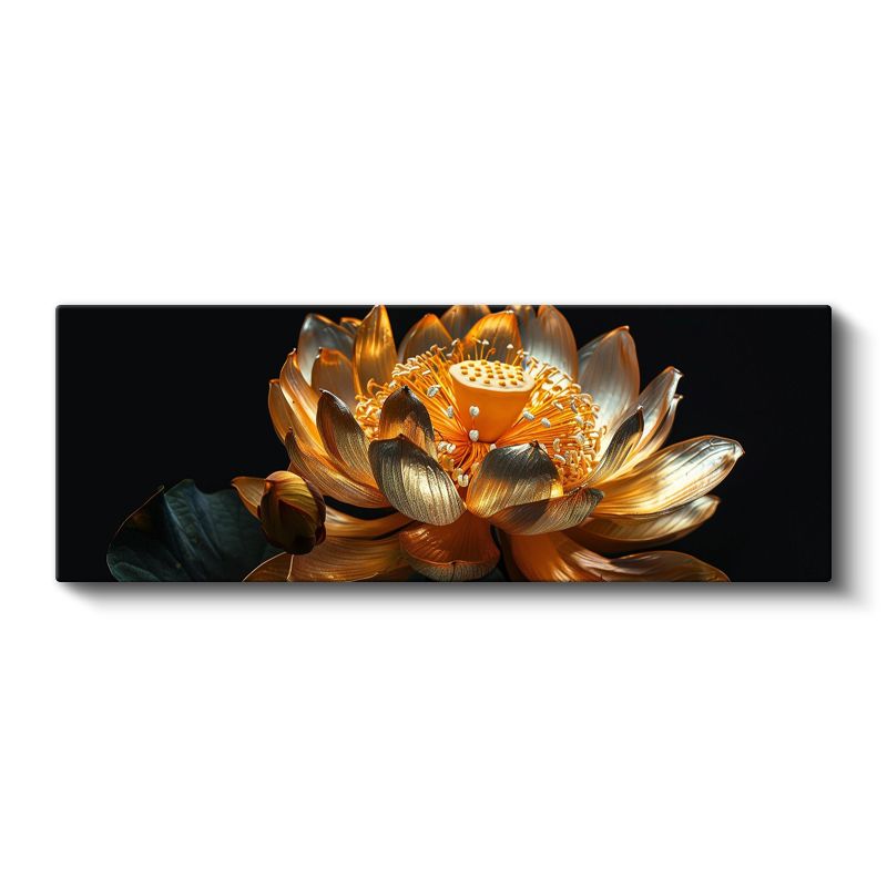 Altın Lotus - Siyah Zeminde Lüks Çiçek Tasarımı Kanvas Tablo