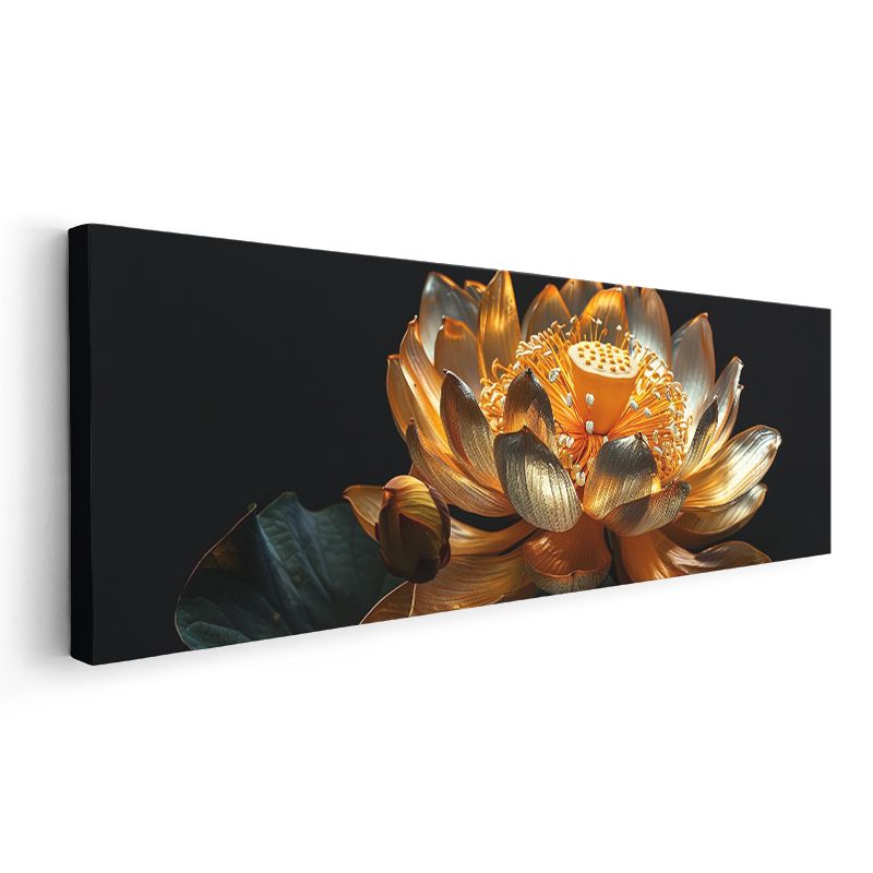 Altın Lotus - Siyah Zeminde Lüks Çiçek Tasarımı Kanvas Tablo