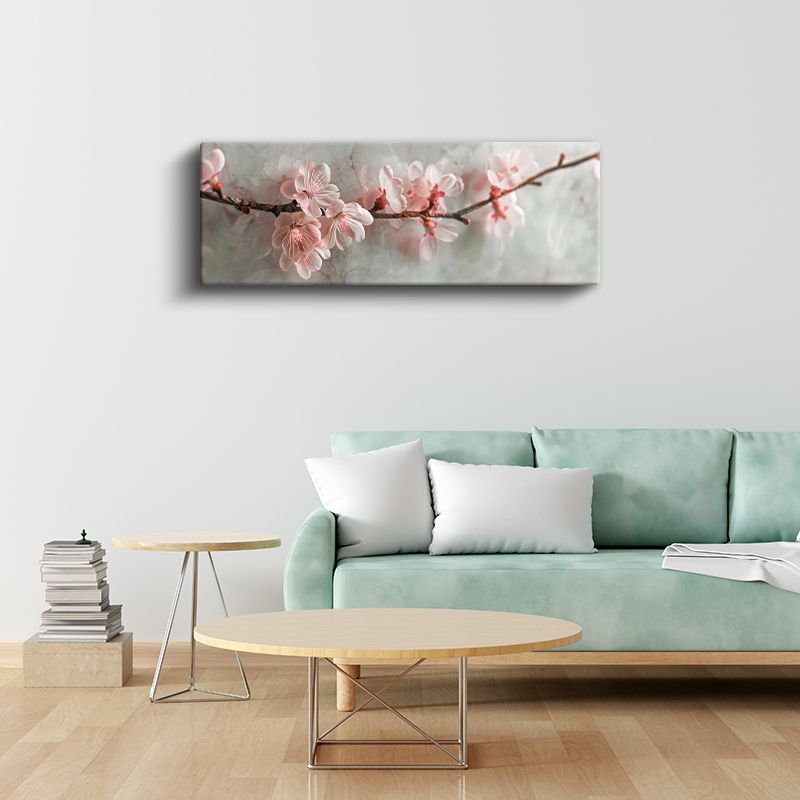 Kiraz Çiçekleri - Gri Zeminde Zarif Pembe Bahar Dalları Kanvas Tablo