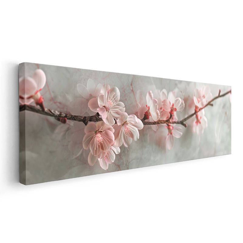 Kiraz Çiçekleri - Gri Zeminde Zarif Pembe Bahar Dalları Kanvas Tablo