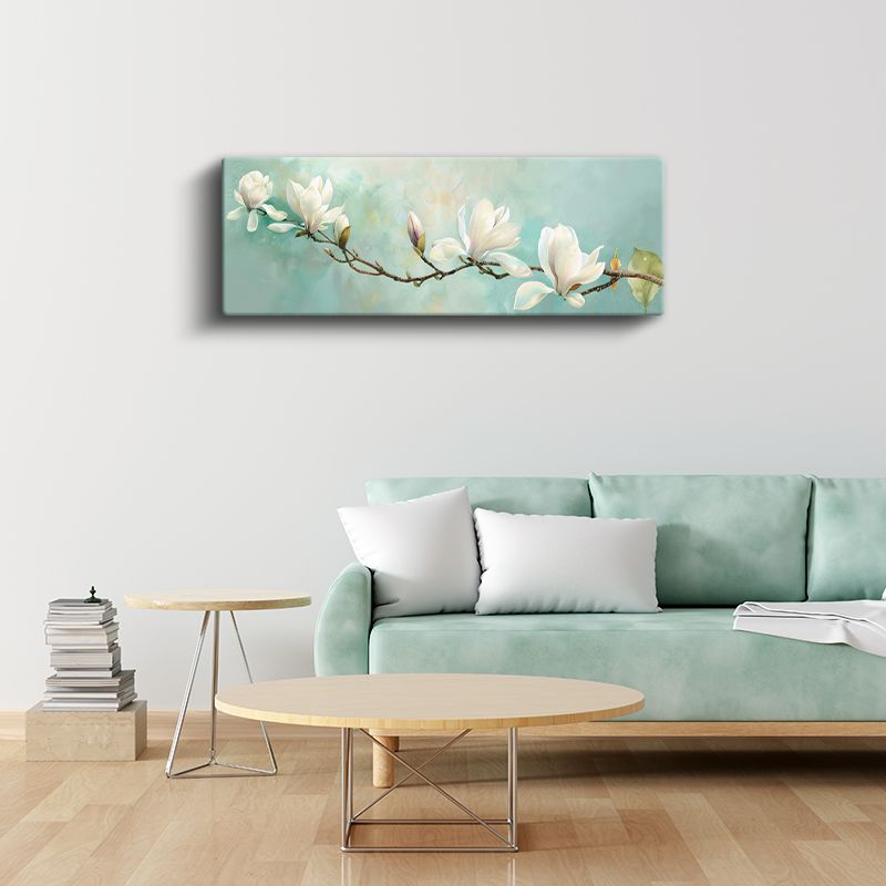 Beyaz Manolyalar - Açık Mavi Arka Planlı Zarif Çiçek Dalı Kanvas Tablo