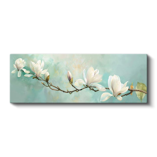 Beyaz Manolyalar - Açık Mavi Arka Planlı Zarif Çiçek Dalı Kanvas Tablo