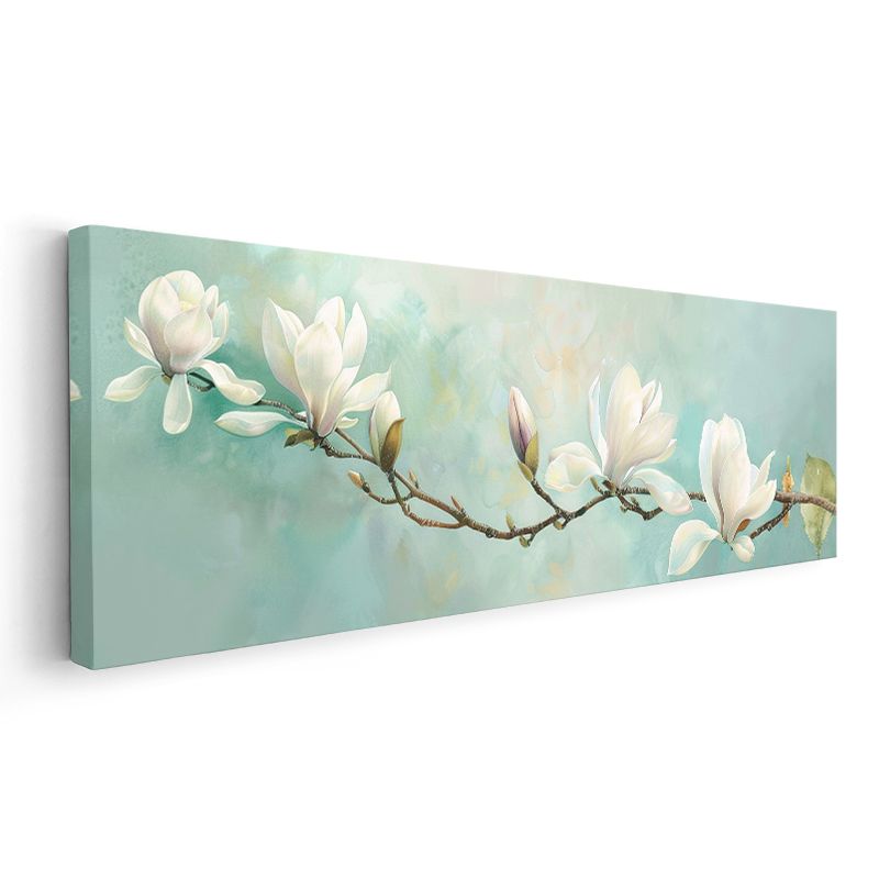 Beyaz Manolyalar - Açık Mavi Arka Planlı Zarif Çiçek Dalı Kanvas Tablo