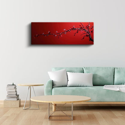 Kırmızı Çiçekler - Minimalist Tasarım Bahar Dalı Kanvas Tablo