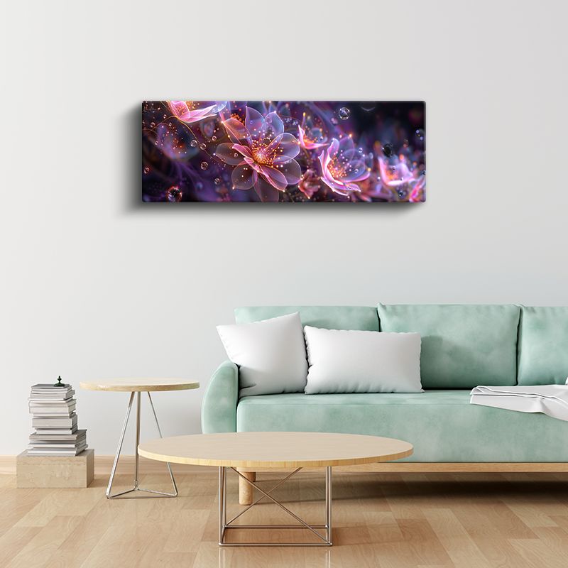 Fantastik Çiçekler - Mor Zeminde Işıltılı Dijital Sanat Tasarımı Kanvas Tablo
